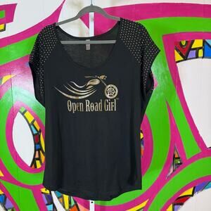 District Made, Open Road Girl Black Studded T-Shirt. Size XXL. Good used cond!